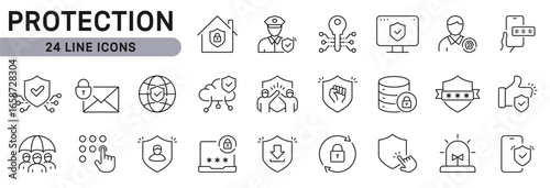 Protection icons set with Lock, Privacy, Shield, Password, Safety. Editable Stroke