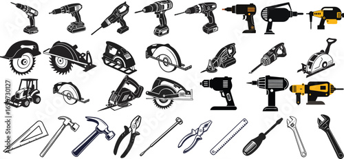Collection of power and hand tools for various projects