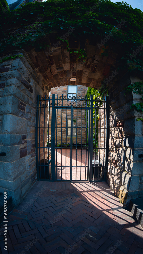 Fototapeta premium old abandoned factory entrance to Rusted Iron Gate in Stone Archway Passage 
