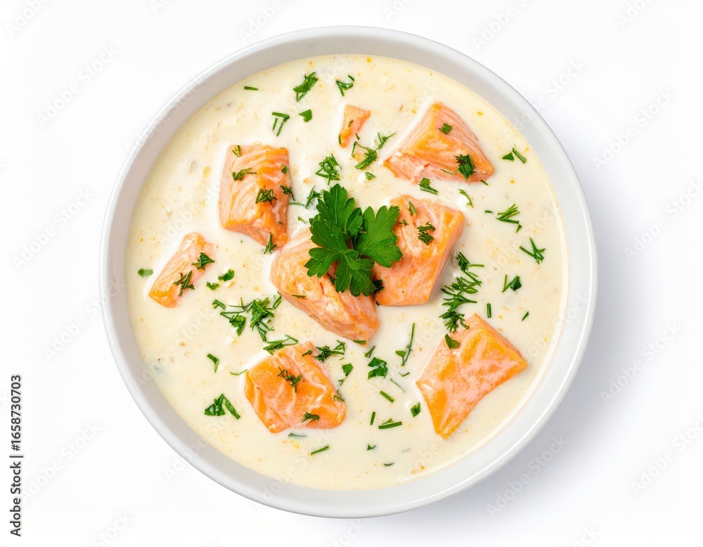 creamy salmon chowder in a white soup bowl with fresh herbs creamy salmon chowder in a white soup bowl with fresh herbs