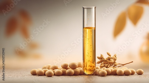 Detailed illustration of a modern scientific laboratory display showcasing a transparent testtube filled with bright soy extract and fresh soybeans on a minimalist light background