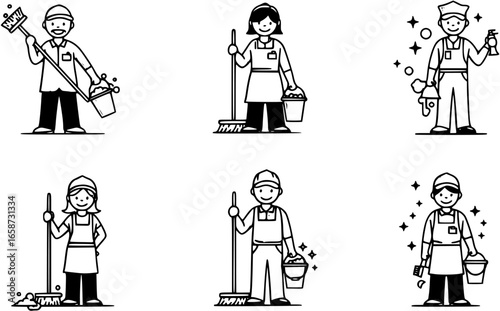 Friendly black silhouette vector logo of cheerful cleaning staff holding broom and bucket for professional maintenance service
