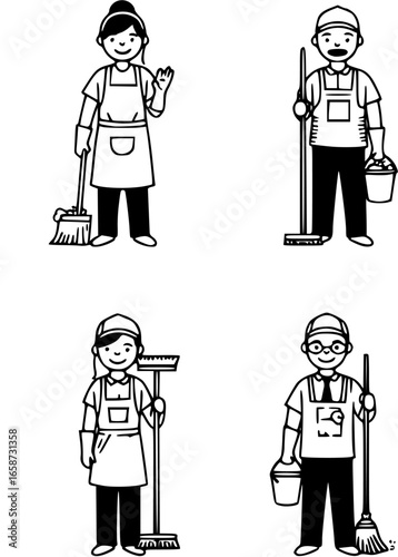 Friendly black silhouette vector logo of cheerful cleaning staff holding broom and bucket for professional maintenance service
