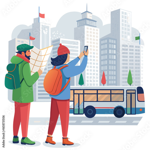 A whimsical illustration of a cat arriving in a vibrant city created with CMYK colors and featuring Helvetica and Courier fonts suitable for various design