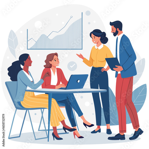 A whimsical illustration of a dog in a boardroom setting symbolizing diversity and inclusion created with vibrant CMYK colors and classic fonts
