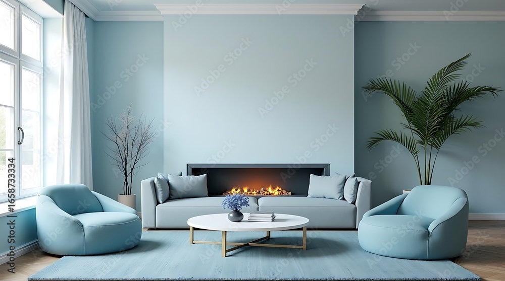 Obraz premium Serene living room with a modern fireplace and plush teal armchairs creating a tranquil and inviting atmosphere
