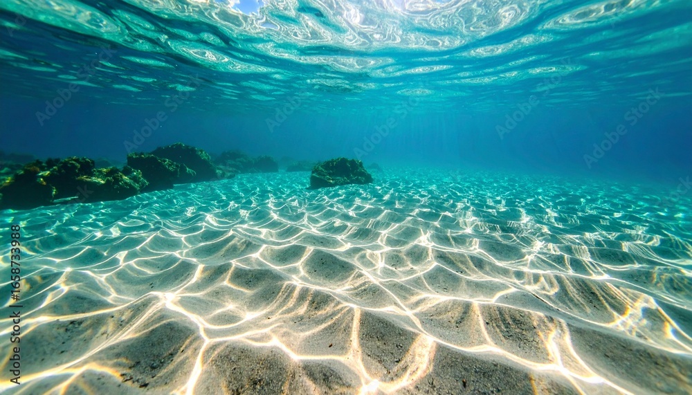 Obraz premium Sunlit Caustic Patterns Dance Across a Pristine Sandy Seabed in Clear Turquoise Waters