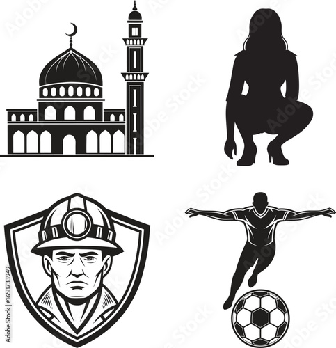 Collection of diverse vector icons including a mosque silhouette a woman squatting a miner and a soccer player with a ball