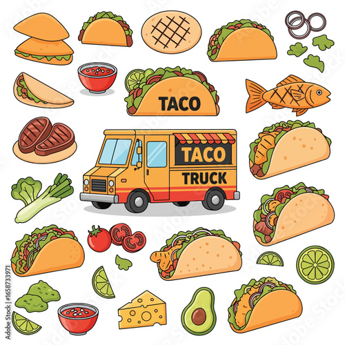 An illustration of a taco truck surrounded by various taco ingredients and prepared tacos