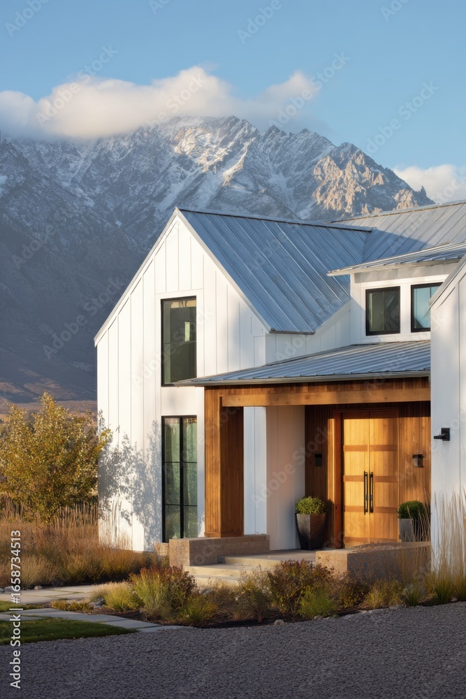 Obraz premium Modern house design located in a mountainous area with clear skies and natural landscaping, showcasing contemporary architecture with wooden accents and a welcoming entrance