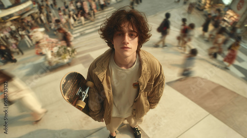 A man with a skateboard is standing in a busy city street. Concept of urban life and the hustle and bustle of a crowded city