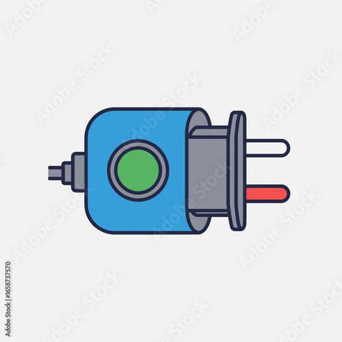 Blue electrical plug with green button on light gray background.