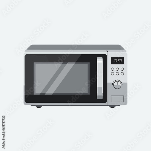 A silver microwave oven with a digital display and control panel.