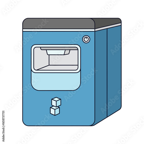 Blue ice maker machine with a transparent window and controls.