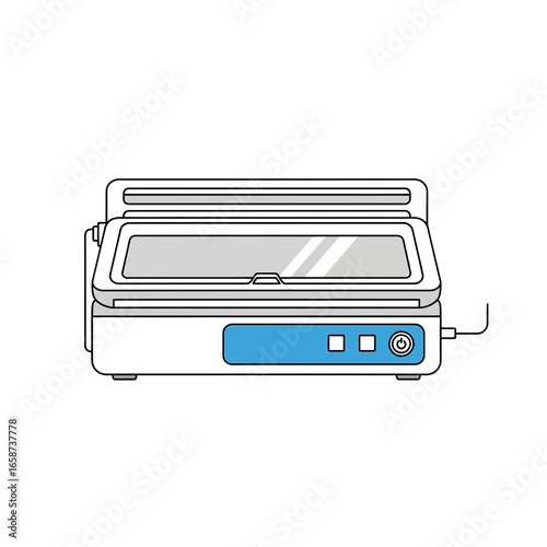 A white and blue vacuum sealer machine with a clear lid.