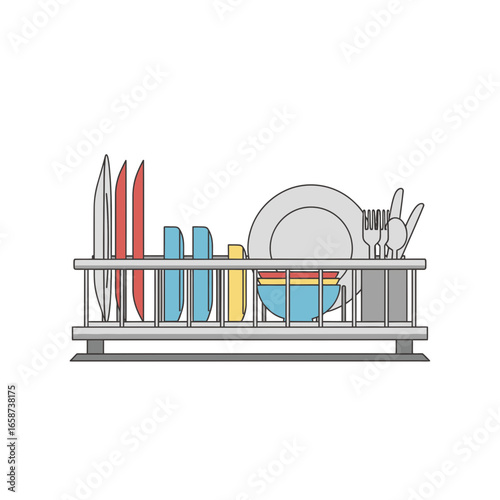 colorful dishes drying in a dish rack clip art preview