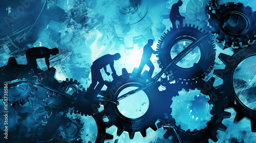 Human Figures Working Collaboratively on Interlocking Gears Depicting Teamwork