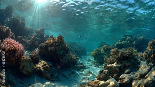 Fototapeta Naklejka Na Ścianę i Meble -  Vibrant coral reef teeming with marine life under sunlight in a tropical ocean