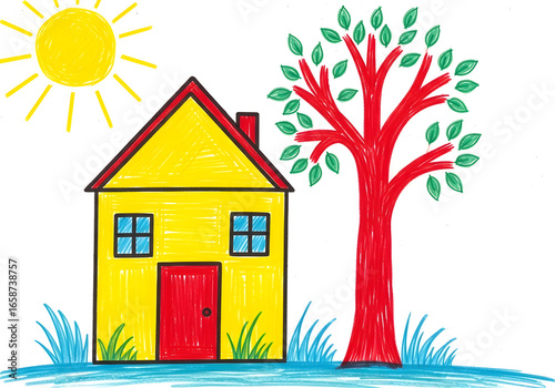 Childlike Drawing of a Yellow House and Red Tree under a Sunny Sky