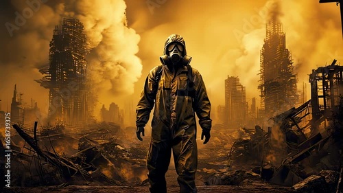 Man in Hazmat Suit Standing in Post-Apocalyptic City Ruins