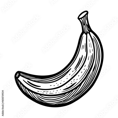 Bold black and white illustration of a single ripe banana, perfect for healthy food branding, recipe cards, or vibrant dietary content seeking a clean, modern aesthetic.