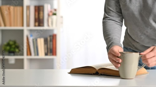 Wooden table with books, a cup of coffee.	