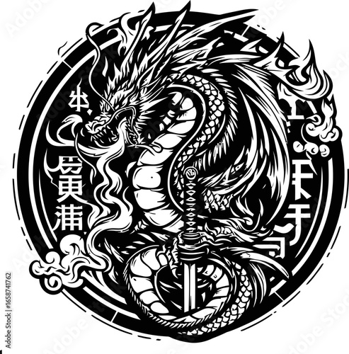 Black and white illustration of a powerful dragon, possibly inspired by Chinese mythology, with a sword and circular design elements.