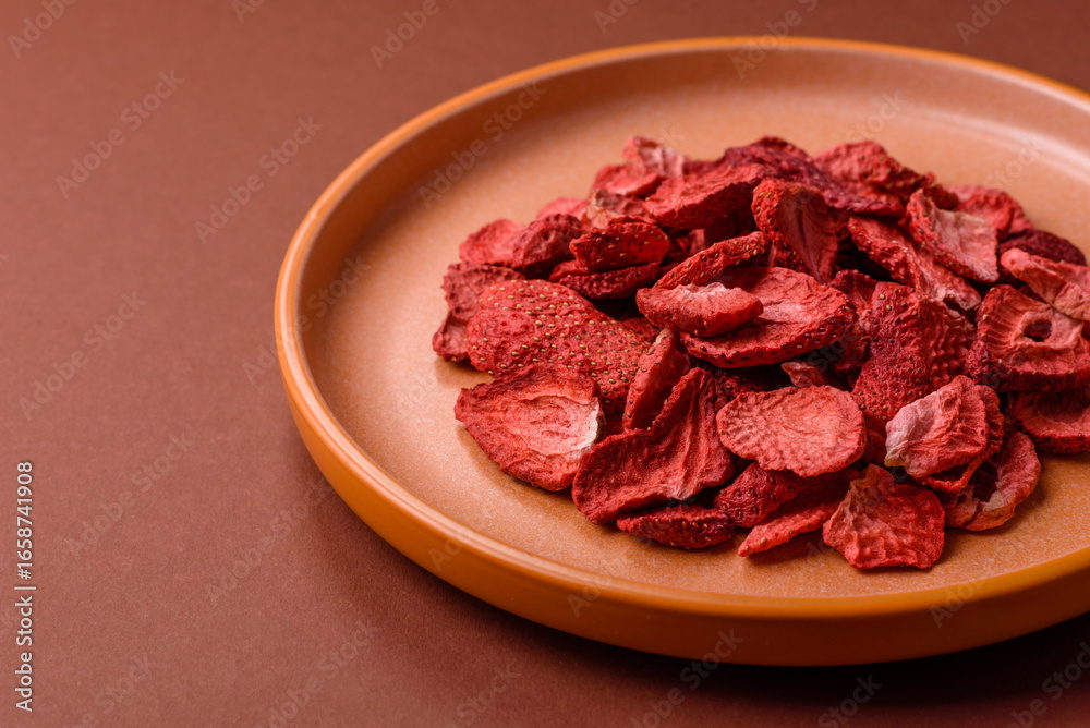 Obraz premium Dried sublimated slices of strawberry as an ingredient for sweet desserts. Dried strawberry
