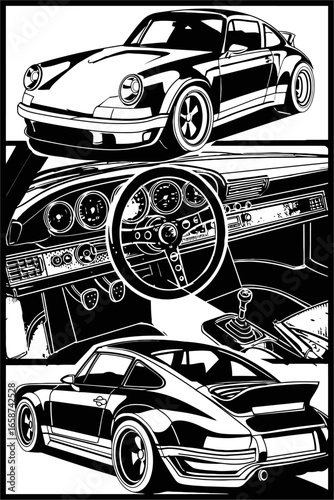 Monochromatic illustration of a classic sports car, showcasing its exterior and interior details, including the dashboard and steering wheel.