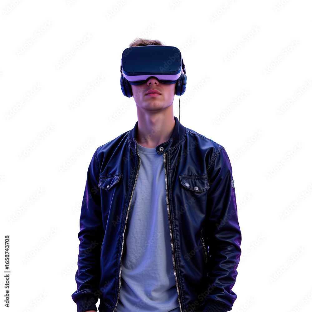 Fototapeta premium Young Person Engaging with Virtual Reality Headset in Dark Setting