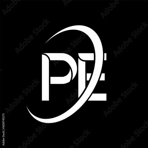 PE logo. P E design. White PE letter. PE/P E letter logo design. Initial letter PE linked circle uppercase monogram logo.
