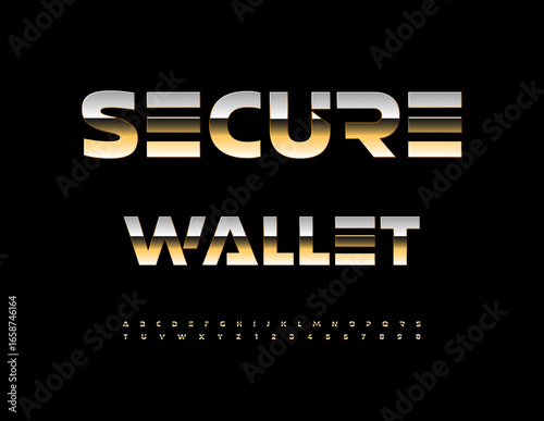 Vector Digital sign Secure Wallet. Futuristic Gold Font. Exclusive Uppercase Alphabet Letters and Numbers set.