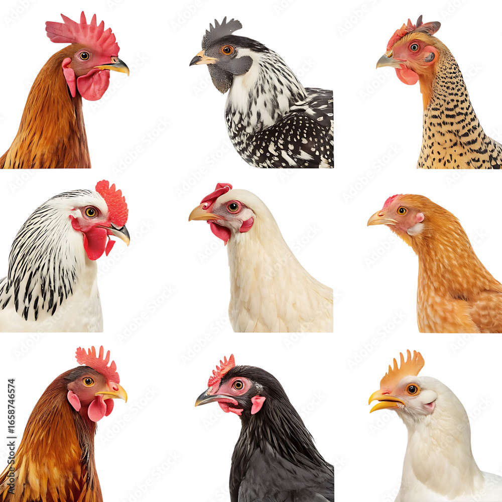 Fototapeta premium A Colorful Collection of Chicken Portraits Showcasing Various Breeds Against a Black Background in a Nine Image Grid
