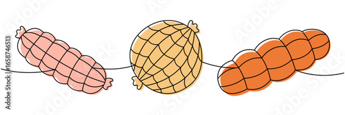 Smoked ham sausages one line colored continuous drawing. Semi-finished products. Vector illustration