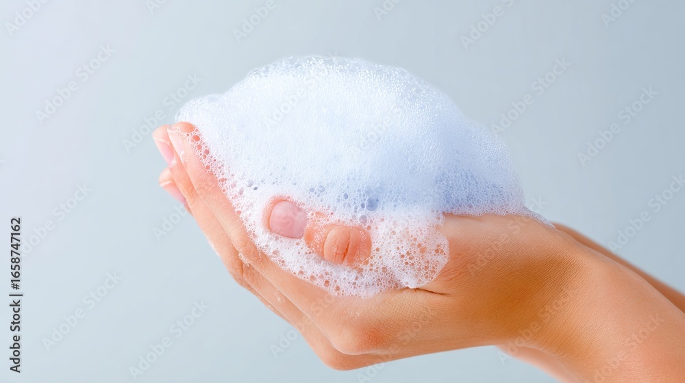 Fototapeta premium Close-up of a hand holding a fluffy lather of soap bubbles against a soft gradient background, illustrating cleanliness and hygiene in personal care routines