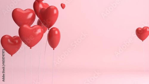 Red Heart Balloons Floating on Pink Background - Love and Romance