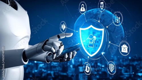 Robot Hand Touching Cybersecurity Shield: AI Protection Concept