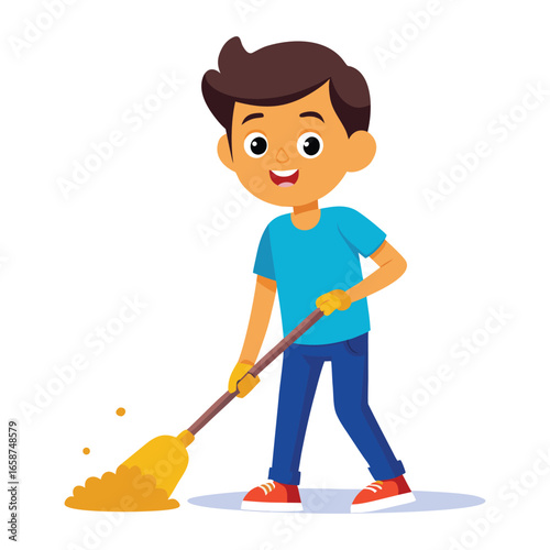 A happy young boy with dark hair wearing a blue t shirt and jeans is enthusiastically sweeping the floor with a yellow broom and dustpan