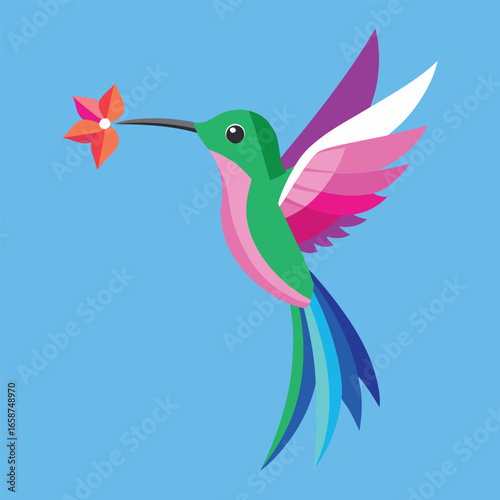 A vibrant stylized hummingbird with iridescent wings hovers in mid air its long beak delicately holding a small colorful flower against a solid blue background