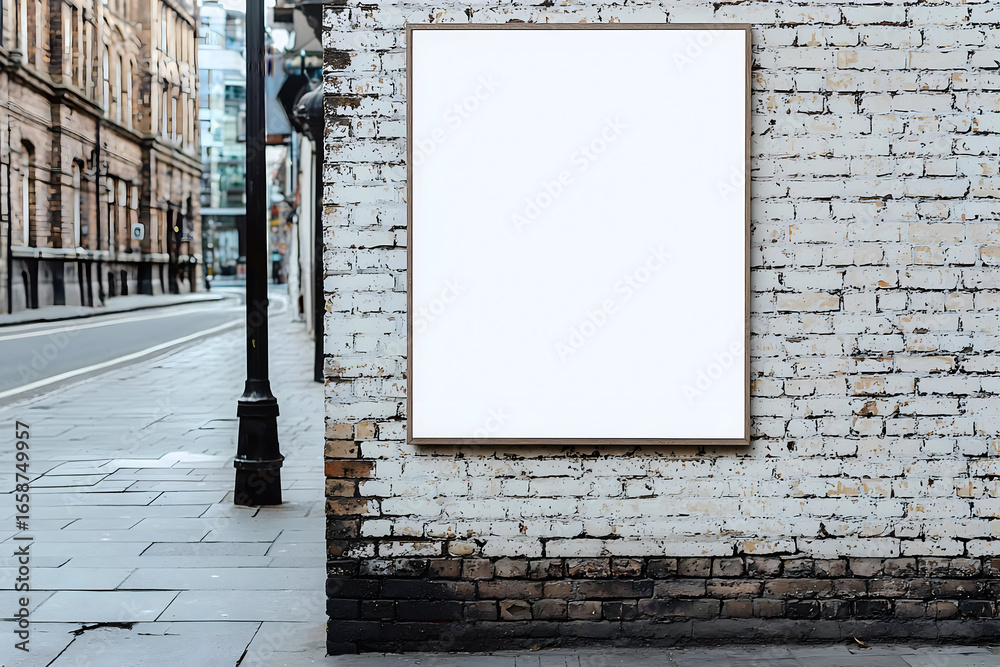 Fototapeta premium Blank poster on weathered brick wall in urban setting with street and buildings in background view