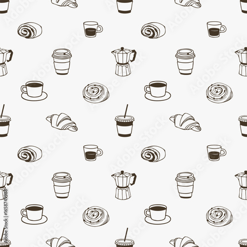 Seamless pattern with coffee and pastries. Hand drawn outline illustration on white background. Coffee shop and breakfast concept.