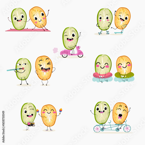 Canistel, Pouteria campechiana fruits, eggfruit thailand meal funny characters, hand drawn vector art.