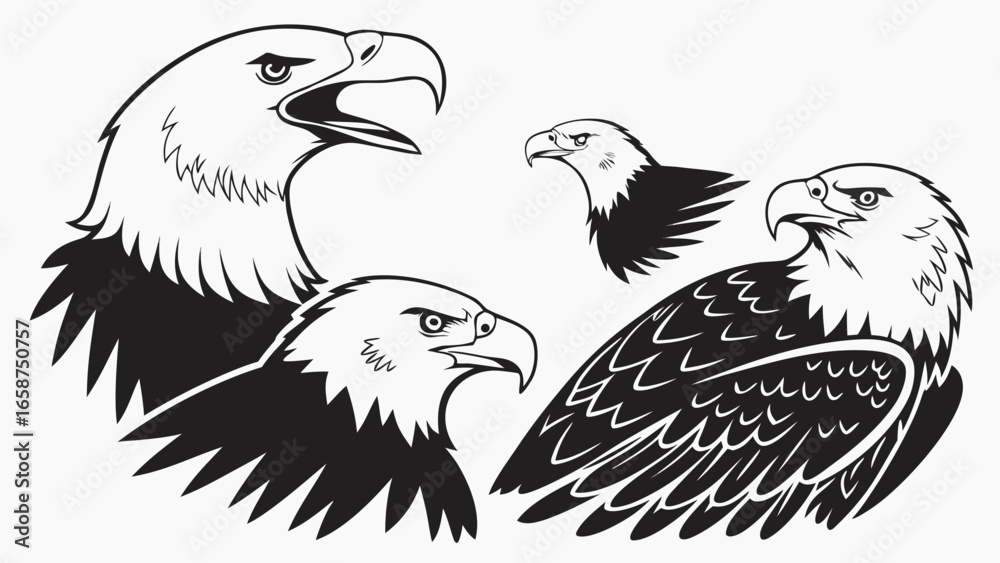 Obraz premium A collection of stylized bald eagle heads and wings in black and white vector art