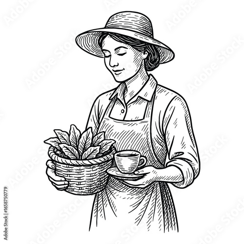 a female farmer in a hat and apron holding a basket of fresh leaves and a cup of tea vintage illustration