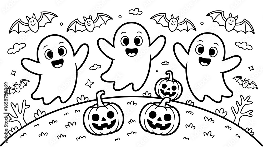 Fototapeta premium Halloween coloring page with three ghosts and pumpkins