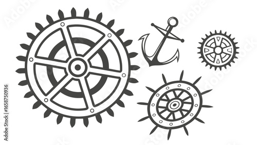 Collection of vintage nautical and mechanical elements including gears anchor and ship wheels