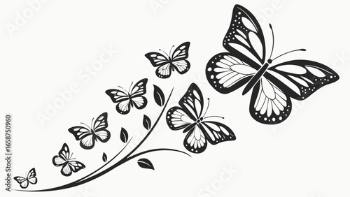 Elegant black and white graphic design of a flock of butterflies flying along a curved branch