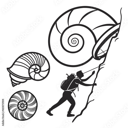 Silhouette of a hiker climbing a steep incline with large snail shells in the background