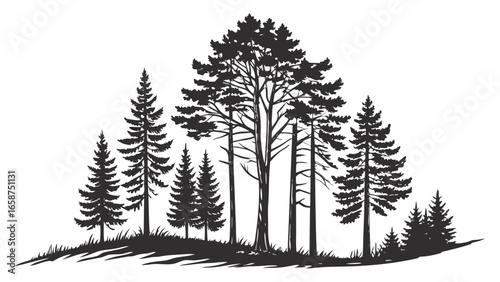 Silhouette of a pine forest with varied trees and grassy ground against a white background