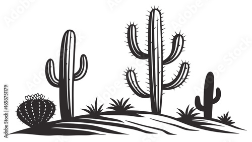 Stylized black and white illustration of a desert landscape with various cacti and sparse vegetation